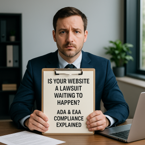 A worried man holding a sign about "is your website a lawsuit waiting to happen"